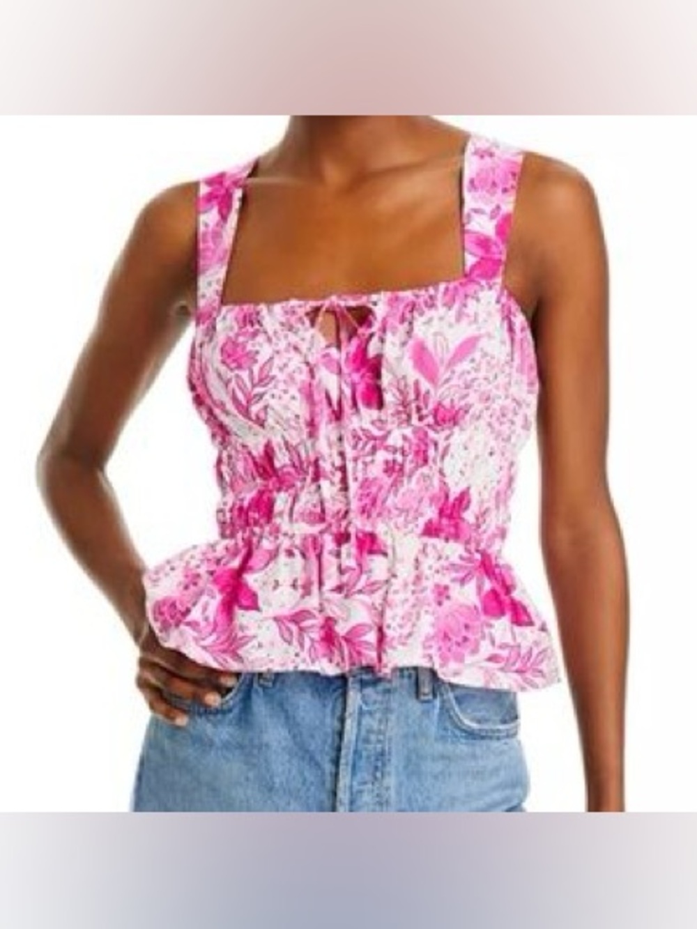 AQUA Cotton Sleeveless Smocked Floral Print Peplum Top